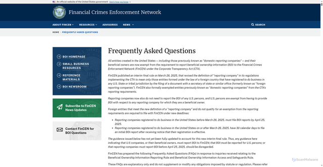 Security scan screenshot of https://www.fincen.gov/boi-faqs