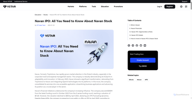 Security scan screenshot of https://www.vstar.com/article/navan-ipo-navan-stock-analysis