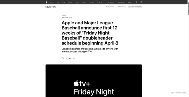 Security scan screenshot of https://www.apple.com/newsroom/2022/03/apple-and-mlb-announce-friday-night-baseball-schedule-beginning-april-8/