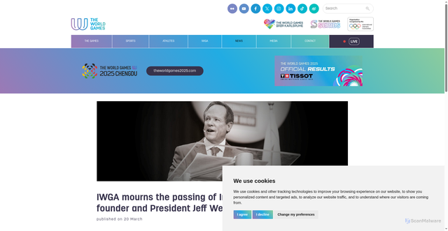 Security scan screenshot of https://www.theworldgames.org/news/IWGA-mourns-the-passing-of-International-Cheer-Union-founder-and-President-Jeff-Webb-2785