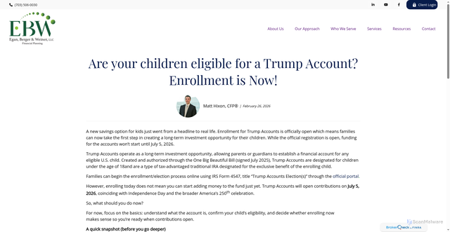 Security scan screenshot of https://www.ebwllc.com/blog/are-your-children-eligible-for-a-trump-account-enrollment-is-now
