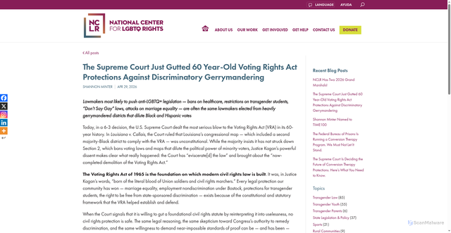 Security scan screenshot of https://www.nclrights.org/the-supreme-court-just-gutted-60-year-old-voting-rights-act-protections-against-discriminatory-gerrymandering/