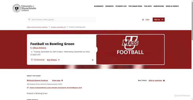 Security scan screenshot of https://events.umass.edu/event/university-of-massachusetts-football-vs-bowling-green