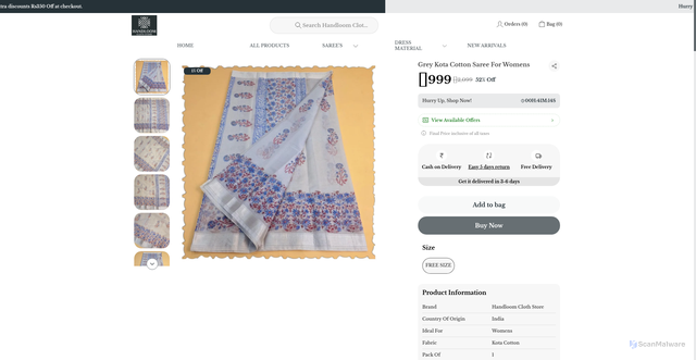 Security scan screenshot of https://handloomclothstore.com/Grey-Kota-Cotton-Saree-For-Womens/catalogue/wEnNrNvP/V7pnHUyu
