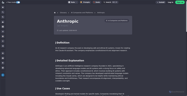 Security scan screenshot of https://theresanaiforthat.com/glossary/ai-companies-and-platforms/anthropic/