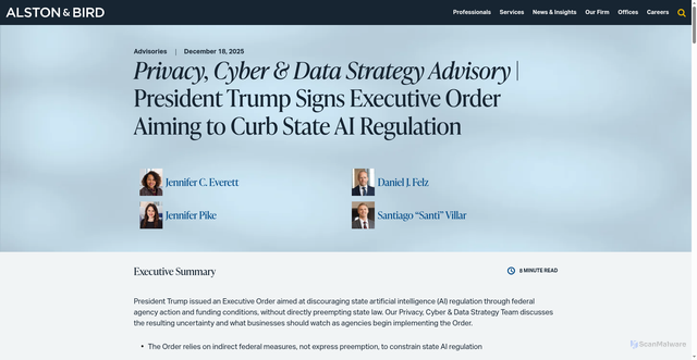 Security scan screenshot of https://www.alston.com/en/insights/publications/2025/12/trump-executive-order-state-ai-regulation