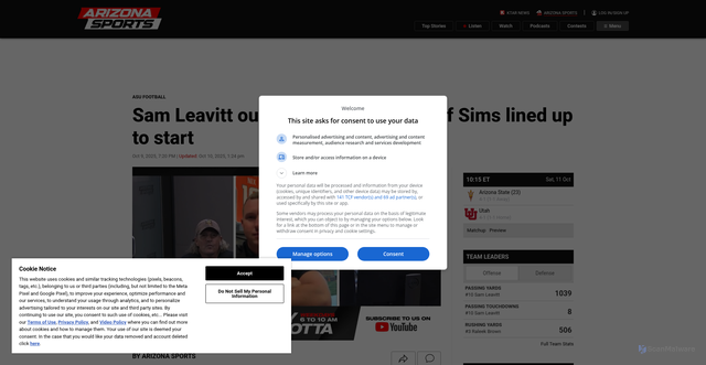 Security scan screenshot of https://arizonasports.com/ncaa/arizona-state-football/sam-leavitt-out/3598529/