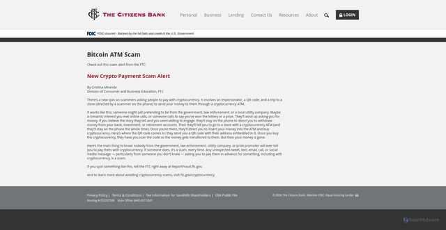 Security scan screenshot of https://www.tcbsc.bank/resources/bitcoin-atm-scam