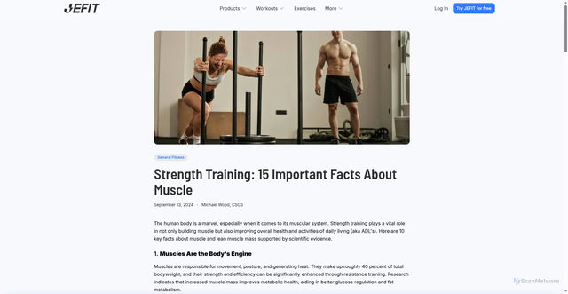 Security scan screenshot of https://www.jefit.com/blog/strength-training-15-important-facts-about-muscle