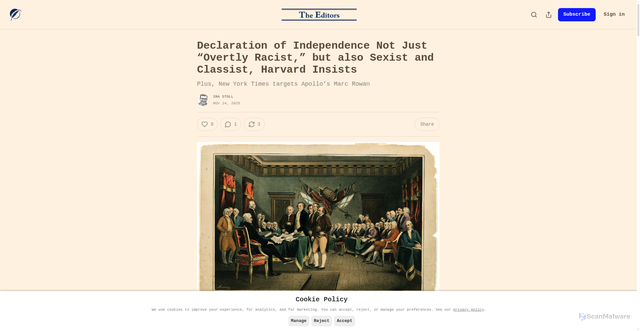Security scan screenshot of https://www.theeditors.com/p/declaration-of-independence-not-just-racist-but-also-sexist-and-classist-harvard-insists