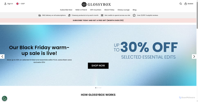 Security scan screenshot of http://www.glossybox.se/
