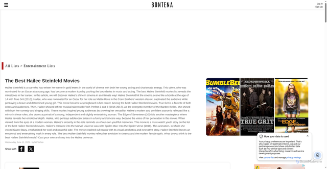 Security scan screenshot of https://www.bontena.com/list/The-Best-Hailee-Steinfeld-Movies