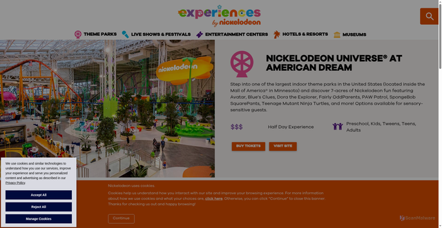 Security scan screenshot of https://www.experiencesbynick.com/theme-parks/nickelodeon-universe-american-dream