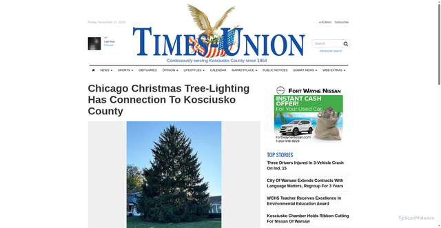 Security scan screenshot of https://timesuniononline.com/stories/chicago-christmas-tree-lighting-has-connections-to-kosciusko-county,259569