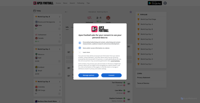 Security scan screenshot of https://www.apex-football.com/en-sl/scores/international/world-cup-grp-b-3560556/switzerland-vs-canada-3812615