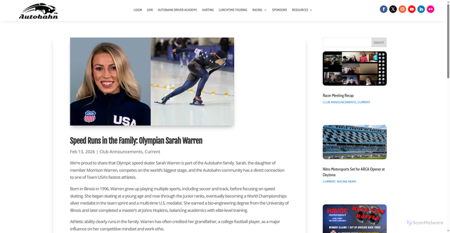 Security scan screenshot of https://autobahnmembers.com/speed-runs-in-the-family-olympian-sarah-warren/
