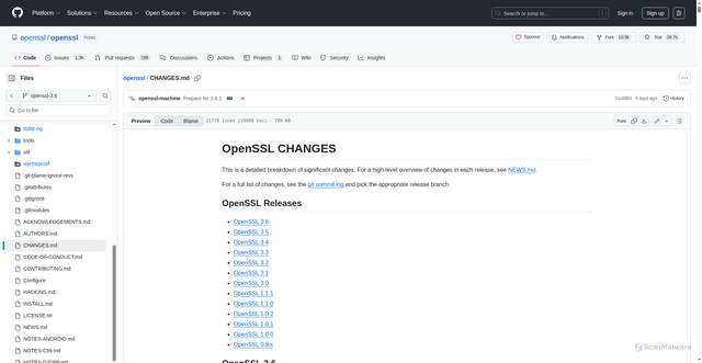 Security scan screenshot of https://github.com/openssl/openssl/blob/openssl-3.6/CHANGES.md#openssl-36
