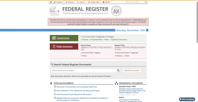 Security scan screenshot of https://www.federalregister.gov/