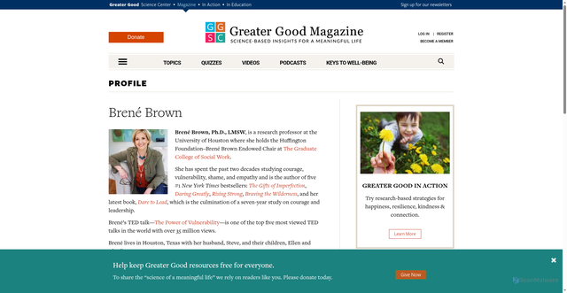 Security scan screenshot of https://greatergood.berkeley.edu/profile/brene_brown