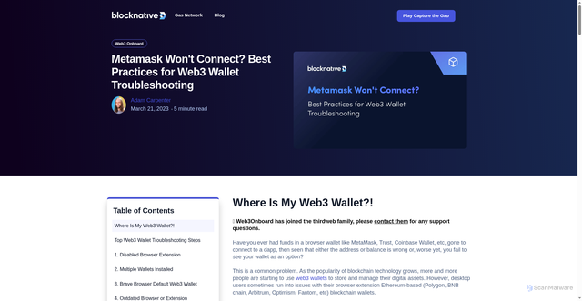 Security scan screenshot of https://www.blocknative.com/blog/metamask-wont-connect-web3-wallet-troubleshooting