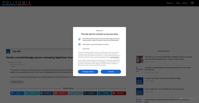 Security scan screenshot of https://politomix.com/the-hill/2372855/senate-overwhelmingly-passes-sweeping-bipartisan-housing/