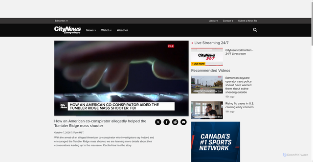 Security scan screenshot of https://edmonton.citynews.ca/video/2026/10/07/how-an-american-co-conspirator-allegedly-helped-the-tumbler-ridge-mass-shooter/