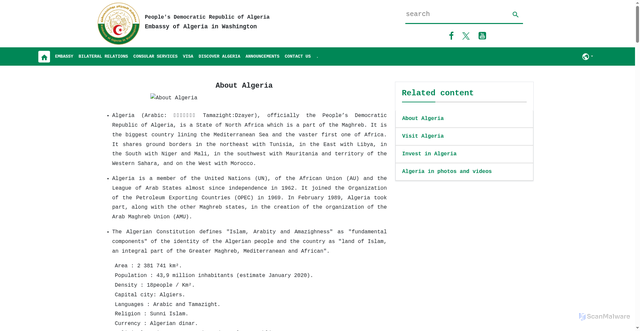 Security scan screenshot of https://embwashington.mfa.gov.dz/discover-algeria-1/about-algeria-1