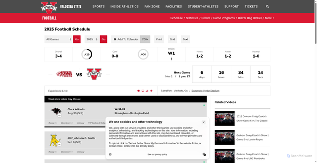 Security scan screenshot of https://vstateblazers.com/sports/football/schedule/2025