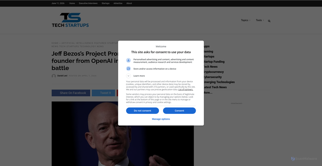 Security scan screenshot of https://techstartups.com/2026/04/07/jeff-bezoss-project-prometheus-poaches-xai-co-founder-from-openai-in-escalating-ai-talent-battle/