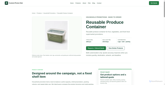 Security scan screenshot of https://custompromohub.pages.dev/products/reusable-produce-container/