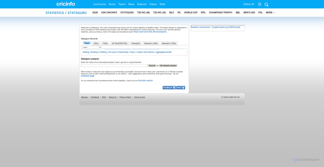Security scan screenshot of https://stats.espncricinfo.com/ci/engine/stats/index.html