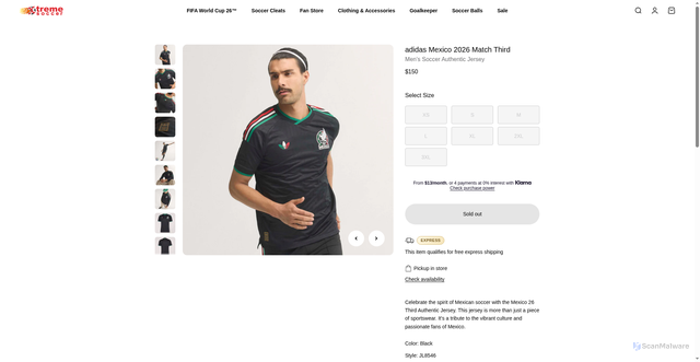 Security scan screenshot of https://xtremesocceronline.com/products/adidas-mexico-2026-match-third-mens-soccer-authentic-jersey-jl8546?srsltid=AfmBOorznzAomWbE8ltJIHgPdTKMreiA-1GYM9v31p2v15PFOVrXXEoB