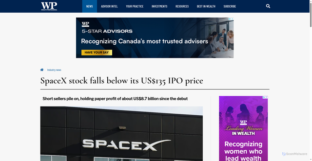 Security scan screenshot of https://www.wealthprofessional.ca/news/industry-news/spacex-stock-falls-below-its-us135-ipo-price/393043
