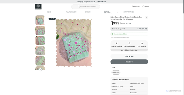 Security scan screenshot of https://handloomclothstore.com/Mint-Green-Kota-Cotton-Suit-Unstiched-Dress-Material-For-Womens/catalogue/IkZf7e2k/2Heew-lU