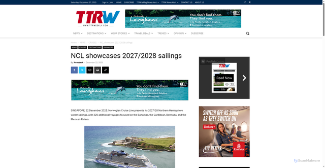Security scan screenshot of https://www.ttrweekly.com/site/2025/12/ncl-showcases-2027-2028-sailings/