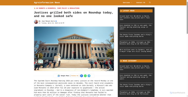Security scan screenshot of https://agroinformacion.com/en/marketseconomics/justices-grilled-both-sides-on-roundup-today-and-no-one-looked-safe/