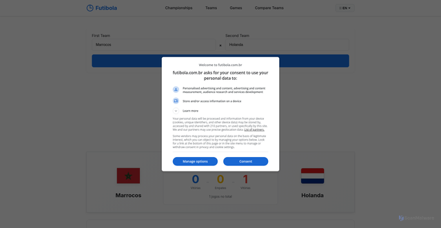 Security scan screenshot of https://futibola.com.br/en/comparar/times/marrocos-x-holanda