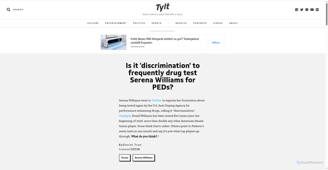 Security scan screenshot of https://thetylt.com/sports/serena-williams-drug-tests-discrimination