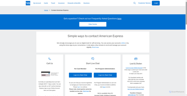 Security scan screenshot of https://www.americanexpress.com/au/contact-us/?page=CM&extlink=AU-Email-null-au_utility_contact&comm_track_id=r_00000128895398370662_1_x
