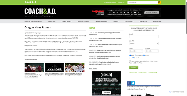 Security scan screenshot of https://coachad.com/news/oregon-hires-altman/