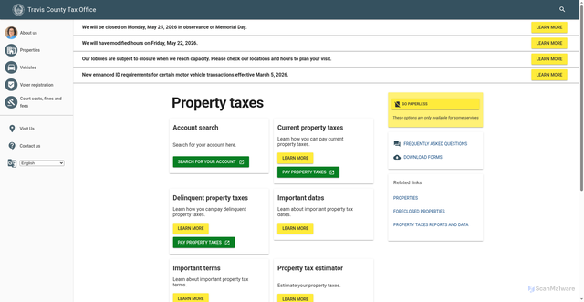 Security scan screenshot of https://tax-office.traviscountytx.gov/properties/taxes