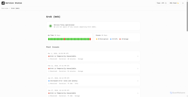 Security scan screenshot of https://status.x.ai/grok-com