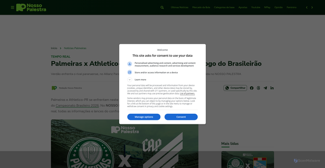 Security scan screenshot of https://nossopalestra.com.br/noticias/palmeiras-x-athletico-pr-ao-vivo-acompanhe-jogo-do-brasileirao/