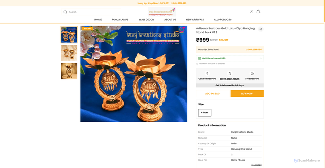 Security scan screenshot of https://kunjkreationsstudio.com/Artisanal-Lustrous-Gold-Lotus-Diya-Hanging-Stand-Pack-Of-2/catalogue/66ZSS1_b/uP9hRFls