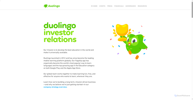 Security scan screenshot of http://investors.duolingo.com/investor-relations