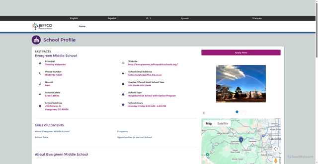 Security scan screenshot of https://enrolljeffco.my.site.com/Find/s/school-profile/a0O5A00000W05kgUAB/evergreen-middle-school