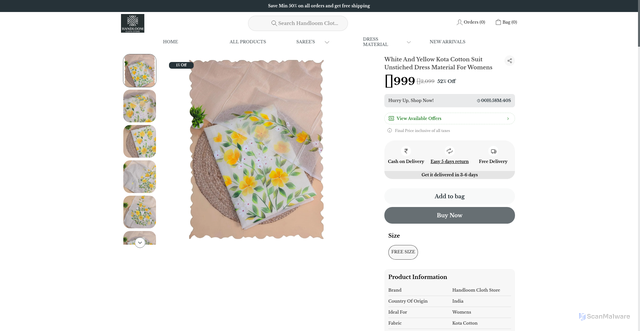 Security scan screenshot of https://handloomclothstore.com/White-And-Yellow-Kota-Cotton-Suit-Unstiched-Dress-Material-For/catalogue/x9iUVwpM/HNtjEKgv