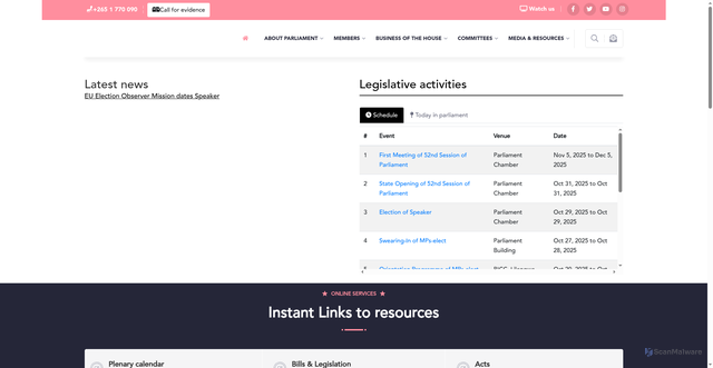 Security scan screenshot of https://www.parliament.gov.mw/