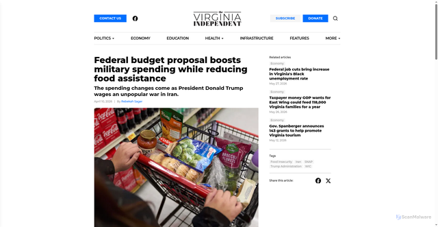 Security scan screenshot of https://virginiaindependentnews.com/economy/federal-budget-proposal-boosts-military-spending-while-reducing-food-assistance/