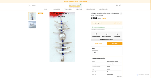 Security scan screenshot of https://kunjkreationsstudio.com/Evil-Eye-Protection-Spiral-Decor-With-Vintage-Silver-Finish-Beads/catalogue/DUTQkZ3b/tO04FxXo